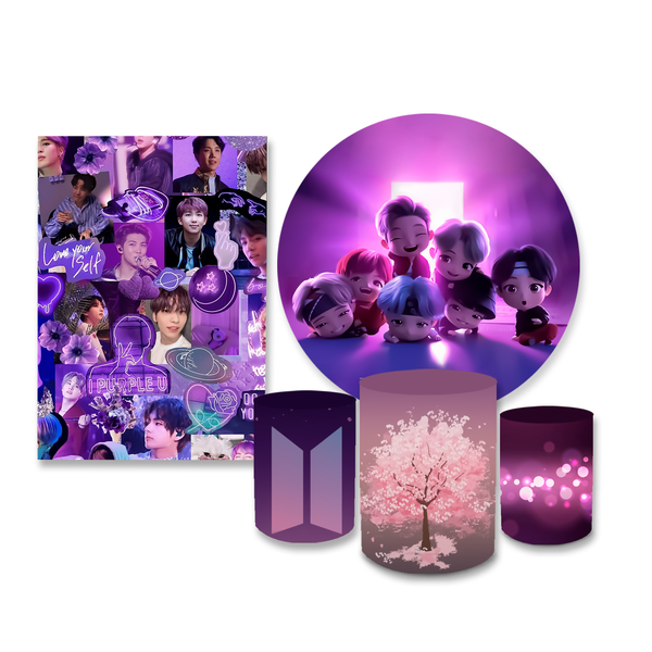 Kit Casadinho Capa Painel Redondo + Retangular + Trio Capas de Cilindro Tema BTS Banda Musica