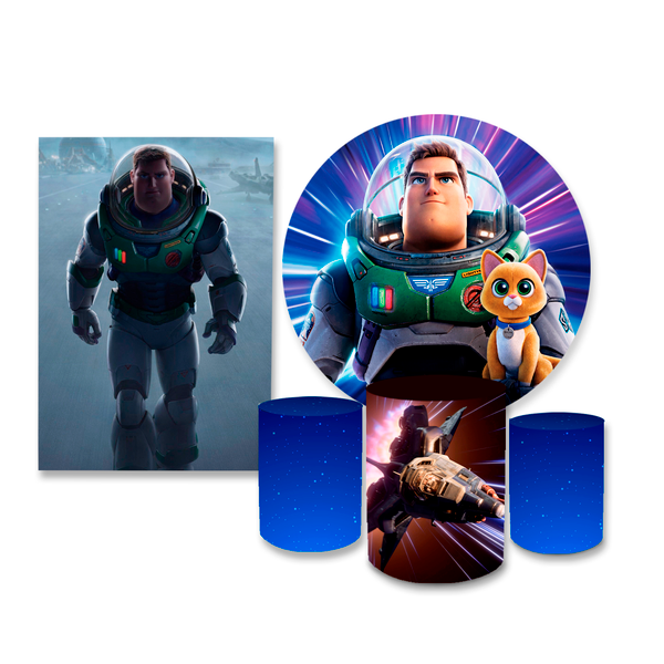 Kit Casadinho Capa Painel Redondo + Retangular + Trio Capas de Cilindro Tema Buzz Lightyear Decoração Infantil