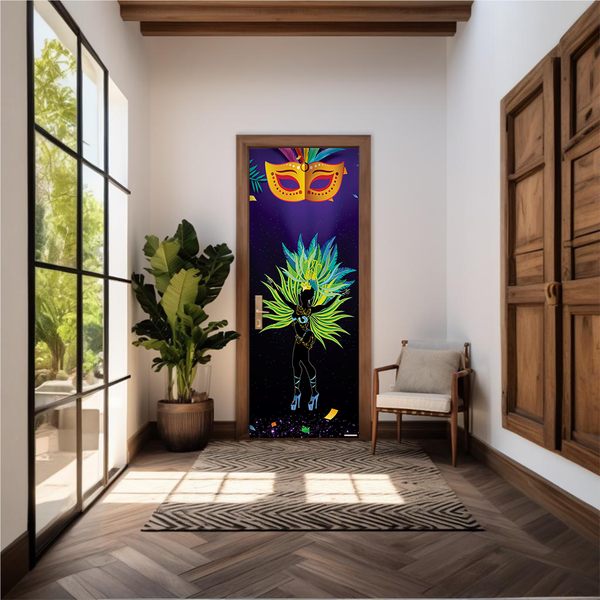 Capa De Porta Em Tecido Sublimado 2,0x0,8m C/ Elástico Decoração Tema Carnaval Festival Decorativo Samba Colorido