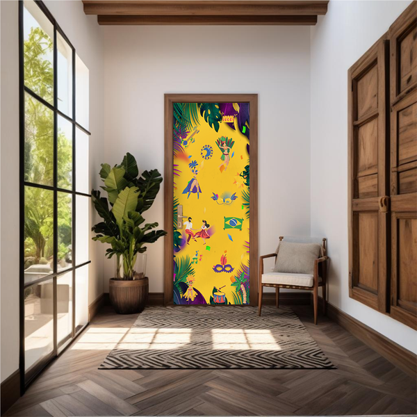 Capa De Porta Em Tecido Sublimado 2,0x0,8m C/ Elástico Decoração Tema Carnaval Festival Decorativo Samba Colorido