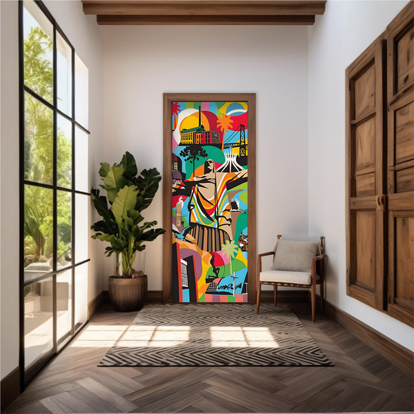 Capa De Porta Em Tecido Sublimado 2,0x0,8m C/ Elástico Decoração Tema Carnaval Festival Decorativo Samba Colorido
