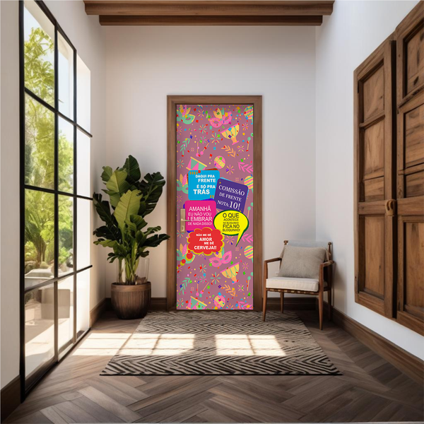 Capa De Porta Em Tecido Sublimado 2,0x0,8m C/ Elástico Decoração Tema Carnaval Festival Decorativo Samba Colorido