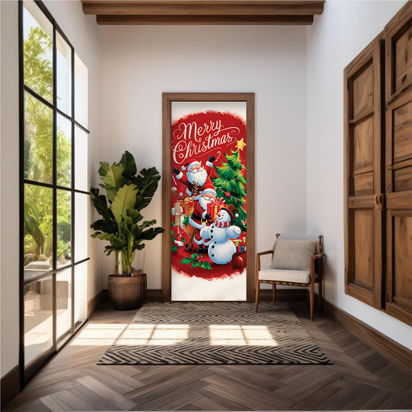Capa De Porta Em Tecido Sublimado 2,0x0,8m C/ Elástico Decoração Tema Natal Merry Christmas Decoração Data Especial Copia