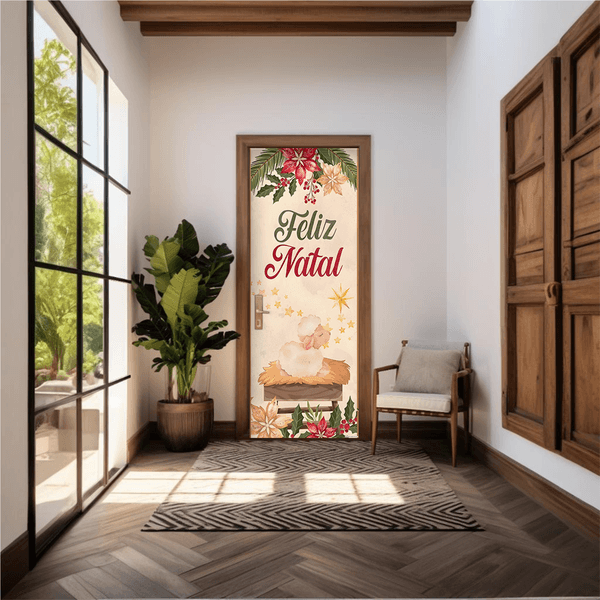 Capa De Porta Em Tecido Sublimado 2,0x0,8m C/ Elástico Decoração Tema Natal Merry Christmas Decoração Data Especial