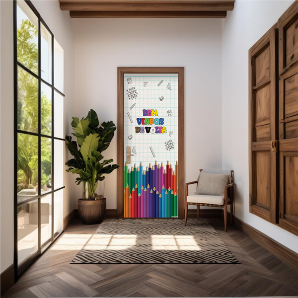 Capa De Porta Em Tecido Sublimado 2,0x0,8m C/ Elástico Decoração Tema Volta as Aulas Colorido Decoração Infantil