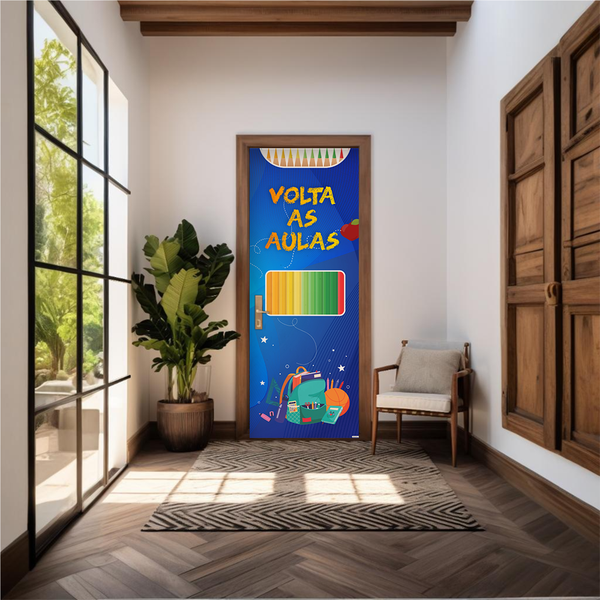 Capa De Porta Em Tecido Sublimado 2,0x0,8m C/ Elástico Decoração Tema Volta as Aulas Colorido Decoração Infantil