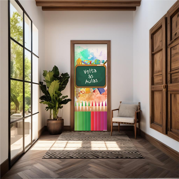 Capa De Porta Em Tecido Sublimado 2,0x0,8m C/ Elástico Decoração Tema Volta as Aulas Colorido Decoração Infantil