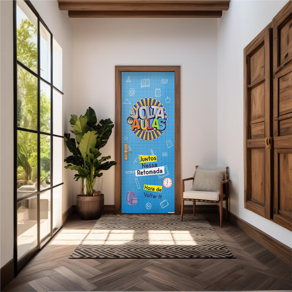 Capa De Porta Em Tecido Sublimado 2,0x0,8m C/ Elástico Decoração Tema Volta as Aulas Colorido Decoração Infantil