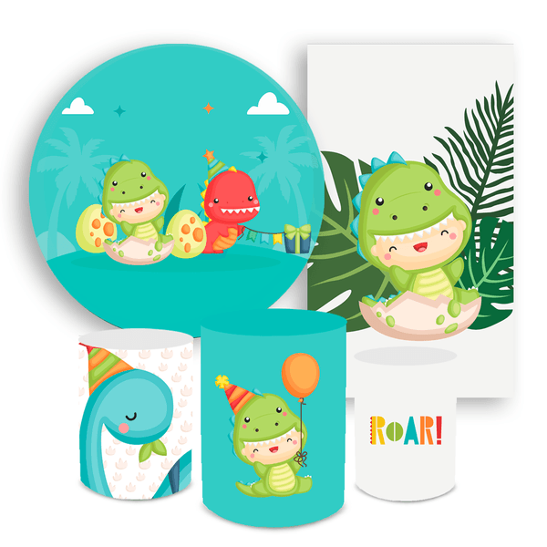 Kit Casadinho Capa Painel Redondo + Retangular + Trio Capas de Cilindro Tema Dino Baby Infantil Decoração