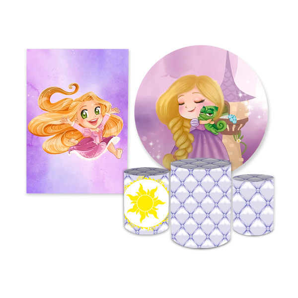 Kit Casadinho Capa Painel Redondo + Retangular + Trio Capas de Cilindro Tema Enrolados Rapunzel Decoração Menina