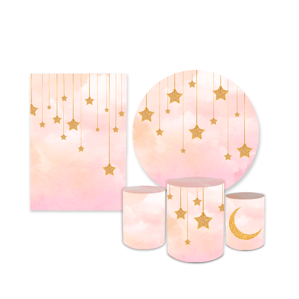 Kit Casadinho Capa Painel Redondo + Retangular + Trio Capas de Cilindro Tema Estrelas Decoração Brilho