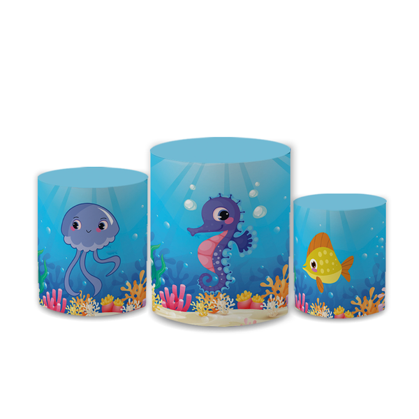 Trio Capas de Cilindros Sublimados Decorativo Tema Fundo do Mar Decoração Festa Infantil