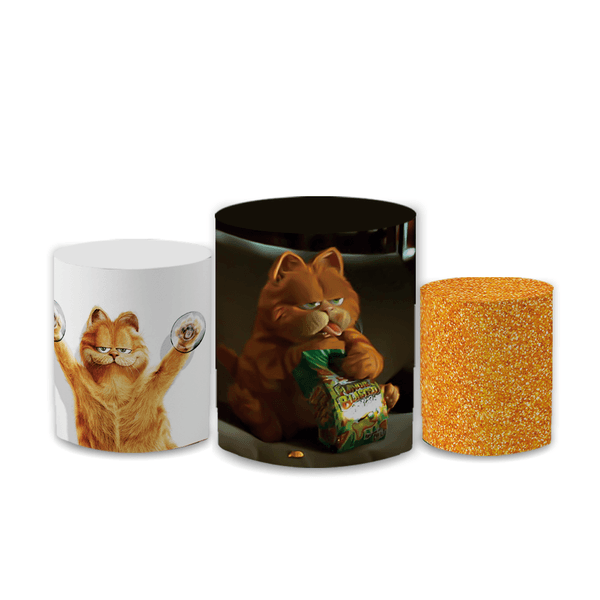 Trio Capas de Cilindros Sublimados Decorativo Tema Garfield Filme Decoração Festa Infantil