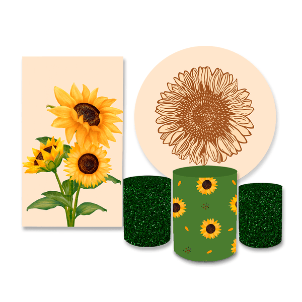 Kit Casadinho Capa Painel Redondo + Retangular + Trio Capas de Cilindro Tema Girassol Flor Decorativo
