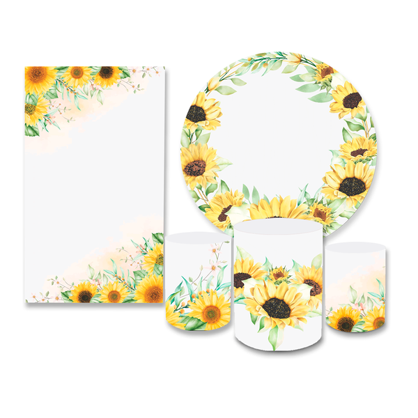 Kit Casadinho Capa Painel Redondo + Retangular + Trio Capas de Cilindro Tema Girassol Flor Decorativo
