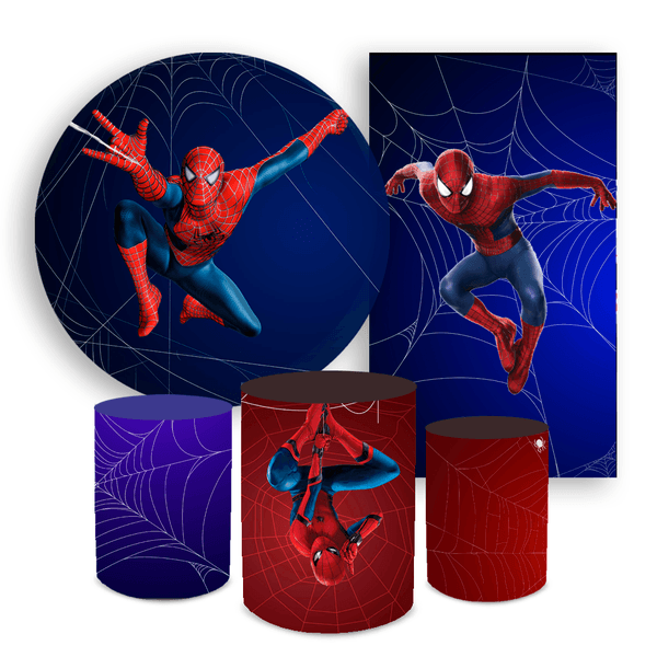 Kit Casadinho Capa Painel Redondo + Retangular + Trio Capas de Cilindro Tema Homem Aranha Herói Peter Parker Decoração Infantil