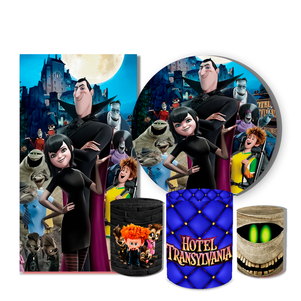 Kit Casadinho Capa Painel Redondo + Retangular + Trio Capas de Cilindro Tema Hotel Transylvania Decoração Infantil