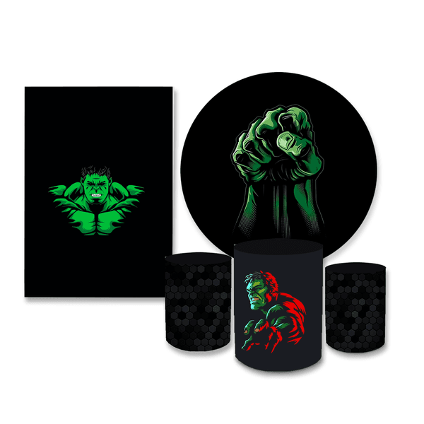 Kit Casadinho Capa Painel Redondo + Retangular + Trio Capas de Cilindro Tema Incrivel Hulk Herói Decoração Menino