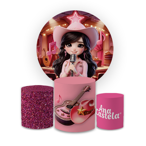 Kit Capa Painel Redondo + Capa Trio Cilindros Sublimados Malha New Decorativo Tema Ana Castela Cantora Musica Decoração Festa