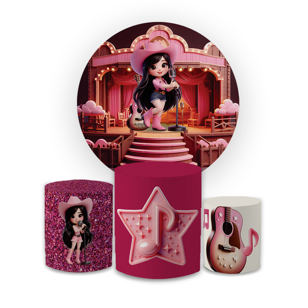 Kit Capa Painel Redondo + Capa Trio Cilindros Sublimados Malha New Decorativo Tema Ana Castela Cantora Musica Decoração Festa