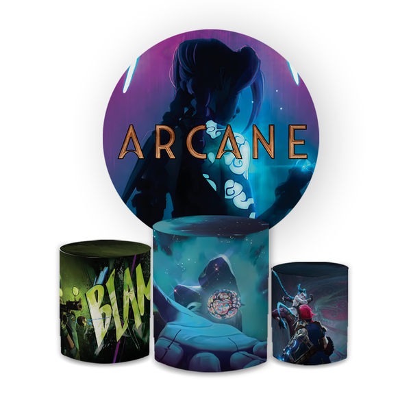 Kit Capa Painel Redondo + Capa Trio Cilindros Sublimados Malha New Decorativo Tema Arcane League of Legends Game Decoração