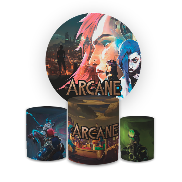 Kit Capa Painel Redondo + Capa Trio Cilindros Sublimados Malha New Decorativo Tema Arcane League of Legends Game Decoração