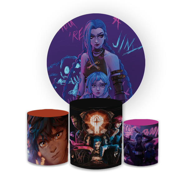 Kit Capa Painel Redondo + Capa Trio Cilindros Sublimados Malha New Decorativo Tema Arcane League of Legends Game Decoração