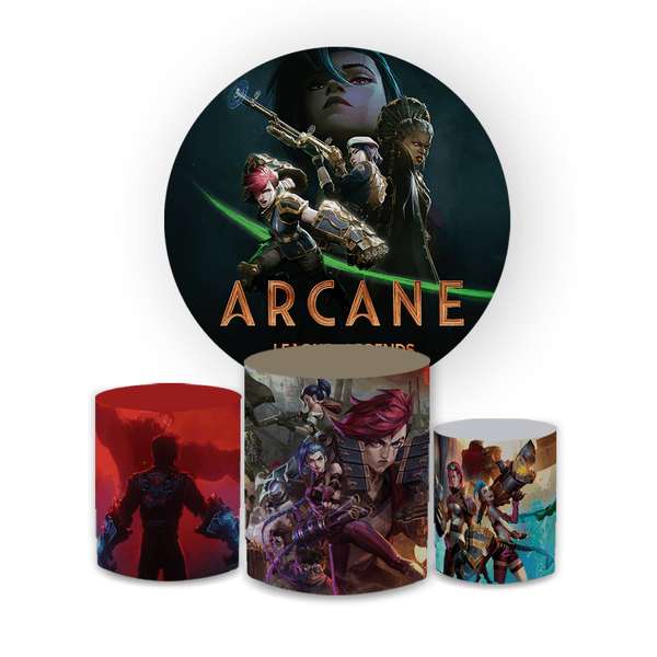 Kit Capa Painel Redondo + Capa Trio Cilindros Sublimados Malha New Decorativo Tema Arcane League of Legends Game Decoração