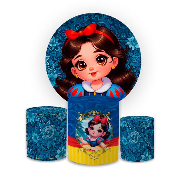 Kit Capa Painel Redondo + Capa Trio Cilindros Sublimados Malha New Decorativo Tema Branca de Neve Cute Infantil Decoração