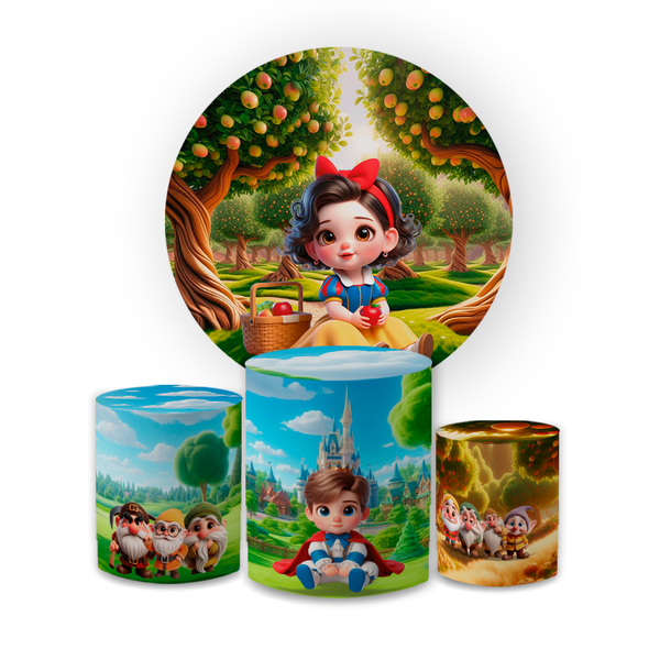 Kit Capa Painel Redondo + Capa Trio Cilindros Sublimados Malha New Decorativo Tema Branca de Neve Cute Infantil Decoração