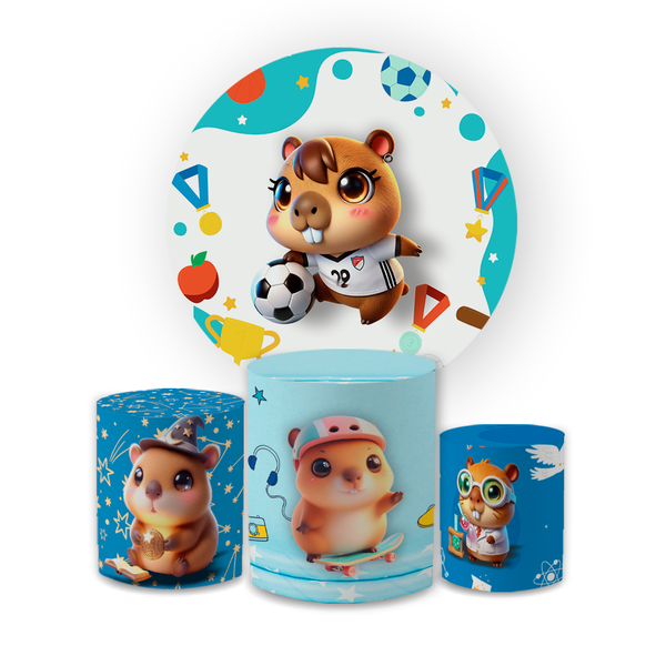 Kit Capa Painel Redondo + Capa Trio Cilindros Sublimados Malha New Decorativo Tema Capivara Animal Decoração