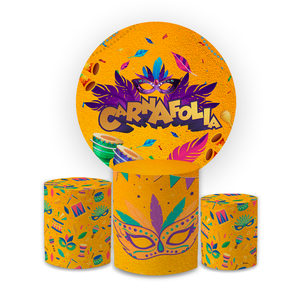 Kit Capa Painel Redondo + Capa Trio Cilindros Sublimados Malha New Decorativo Tema Carnaval Bloquinho Festival Decoração Festa