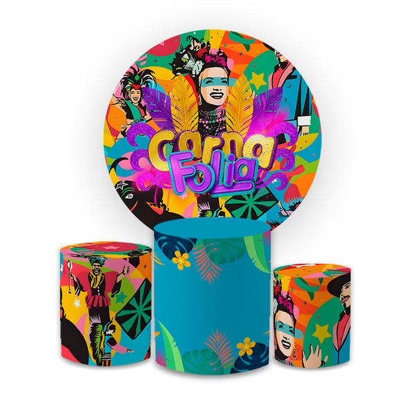 Kit Capa Painel Redondo + Capa Trio Cilindros Sublimados Malha New Decorativo Tema Carnaval Bloquinho Festival Decoração Festa