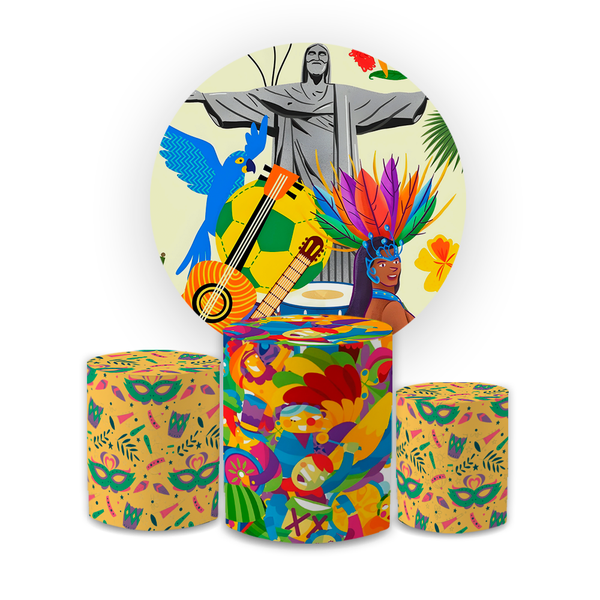 Kit Capa Painel Redondo + Capa Trio Cilindros Sublimados Malha New Decorativo Tema Carnaval Bloquinho Festival Decoração Festa