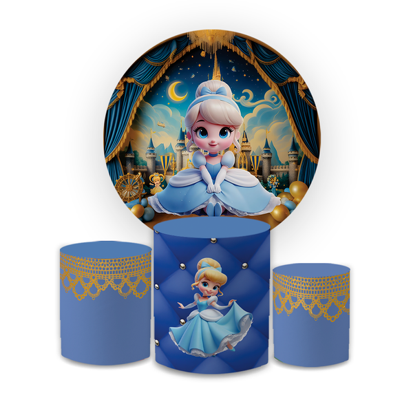 Kit Capa Painel Redondo + Capa Trio Cilindros Sublimados Malha New Decorativo Tema Cinderela Princesa Decoração Menina