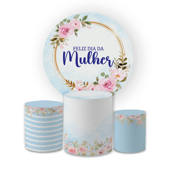 Kit Capa Painel Redondo + Capa Trio Cilindros Sublimados Malha New Decorativo Tema Dia da Mulher Data Especial