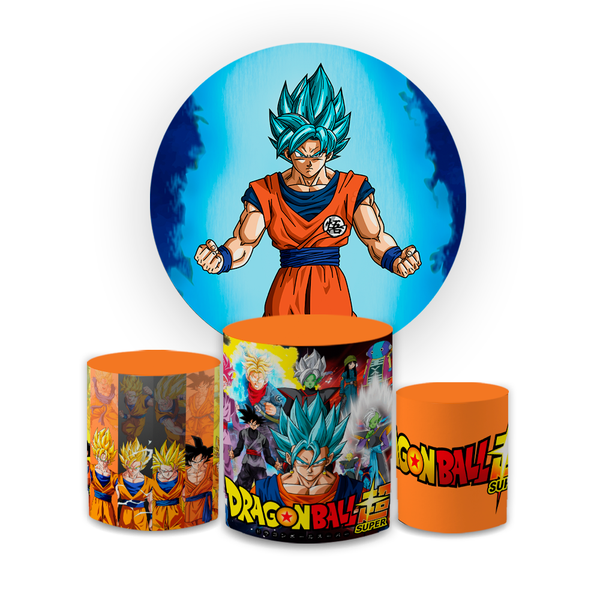 Kit Capa Painel Redondo + Capa Trio Cilindros Sublimados Malha New Decorativo Tema Goku Dragon Ball Anime Decoração Festa