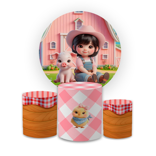 Kit Capa Painel Redondo + Capa Trio Cilindros Sublimados Malha New Decorativo Tema Fazendinha Cute Menina