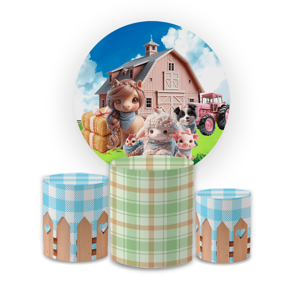 Kit Capa Painel Redondo + Capa Trio Cilindros Sublimados Malha New Decorativo Tema Fazendinha Cute Menina