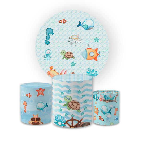 Kit Capa Painel Redondo + Capa Trio Cilindros Sublimados Malha New Decorativo Tema Fundo do Mar Decoração Festa