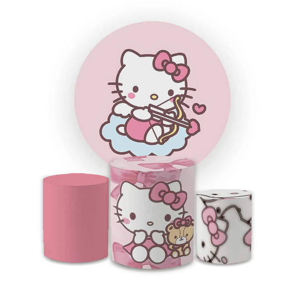 Kit Capa Painel Redondo + Capa Trio Cilindros Sublimados Malha New Decorativo Tema Hello Kitty Gatinha Decoração Festa Menina