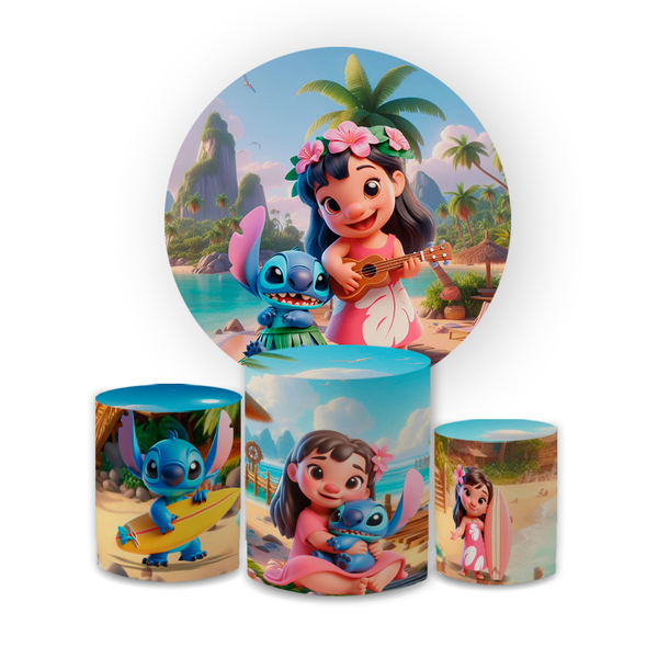 Kit Capa Painel Redondo + Capa Trio Cilindros Sublimados Malha New Decorativo Tema Lilo & Stitch Decoração Festa Infantil Menino e Menina