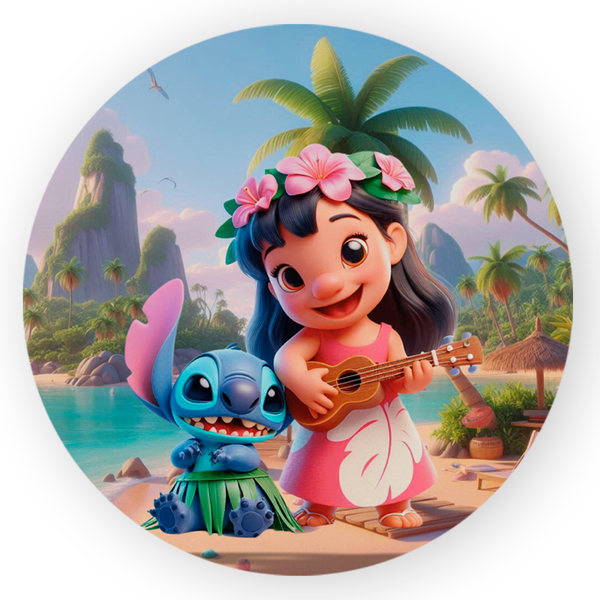 Capa Painel Redondo 1,5x1,5 de Festa Veste Fácil Sublimados Malha New Tema Lilo e Stitch Fofo Colorido Decoração Festa
