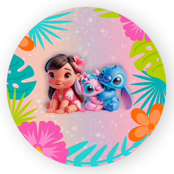 Capa Painel Redondo 1,5x1,5 de Festa Veste Fácil Sublimados Malha New Tema Lilo e Stitch Fofo Colorido Decoração Festa