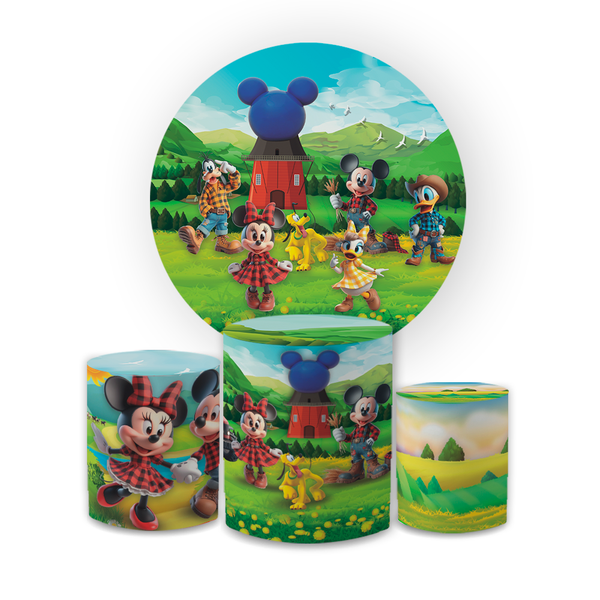 Kit Capa Painel Redondo + Capa Trio Cilindros Sublimados Malha New Decorativo Tema Mickey e Minnie Safari Turma Decoração Festa