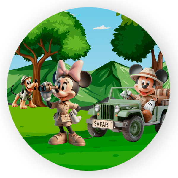 Capa Painel Redondo 1,5x1,5 de Festa Veste Fácil Sublimados Malha New Tema Mickey e Minnie Safari Turma Decoração Festa