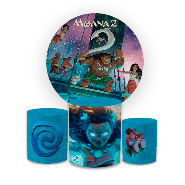 Kit Capa Painel Redondo + Capa Trio Cilindros Sublimados Malha New Decorativo Tema Moana Baby Cute Decoração Festa Menina