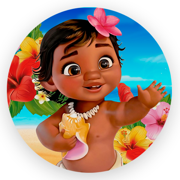 Capa Painel Redondo 1,5x1,5 de Festa Veste Fácil Sublimados Malha New Tema Moana Baby Cute Festa Menina Decoração