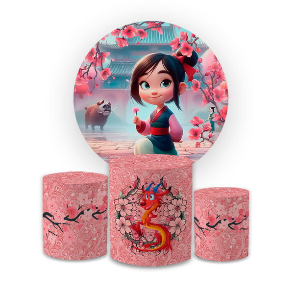 Kit Capa Painel Redondo + Capa Trio Cilindros Sublimados Malha New Decorativo Tema Mulan Guerreira Baby Decoração Festa Menina