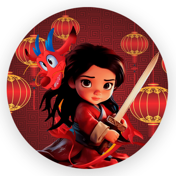 Capa Painel Redondo 1,5x1,5 de Festa Veste Fácil Sublimados Malha New Tema Mulan Guerreira Decoração Oriental
